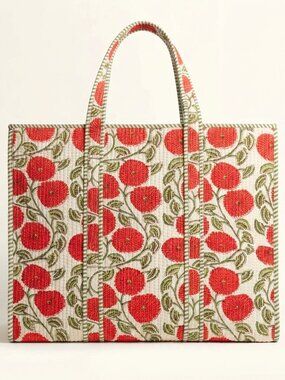 Quilted Tote Bag for Shopping, Big Grocery Tote Bag, Block Printed Storage Bag